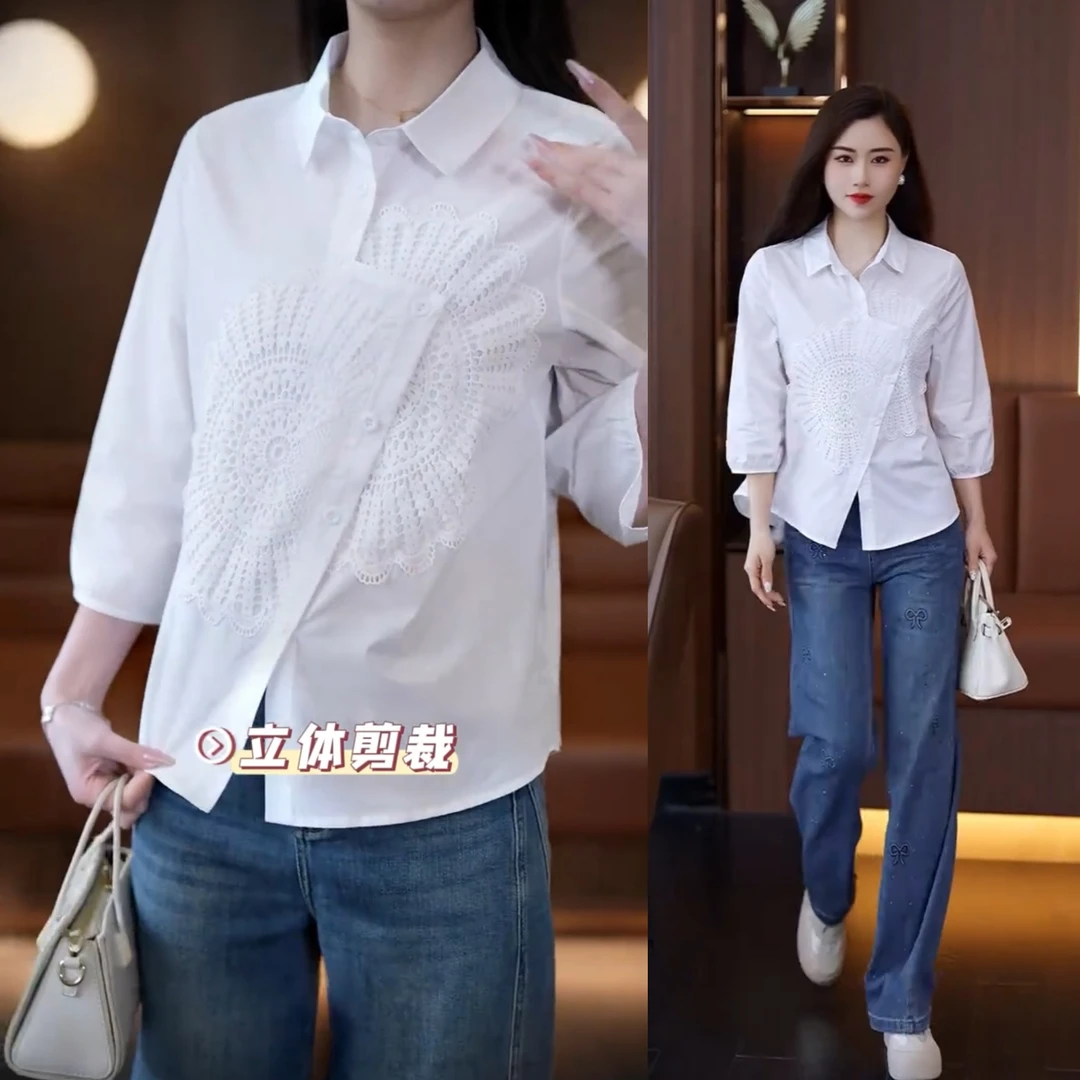 时尚中袖衬衫2025春季新款女宽松纯色韩版显瘦设计感上衣向日葵