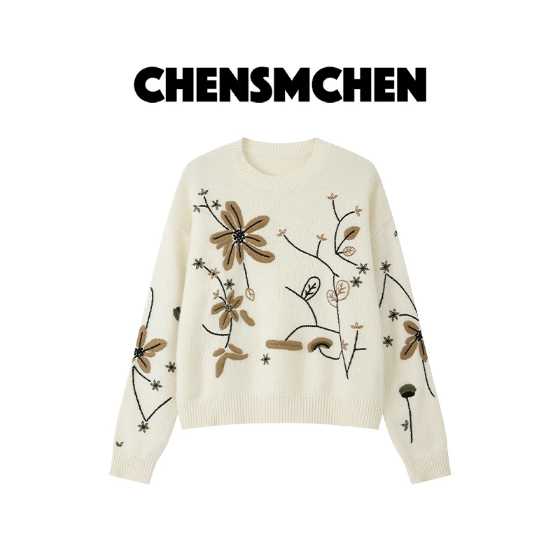 CHENSMCHEN 100羊毛3色绣花套头毛衣女宽松休闲百搭上衣CSM7281SL