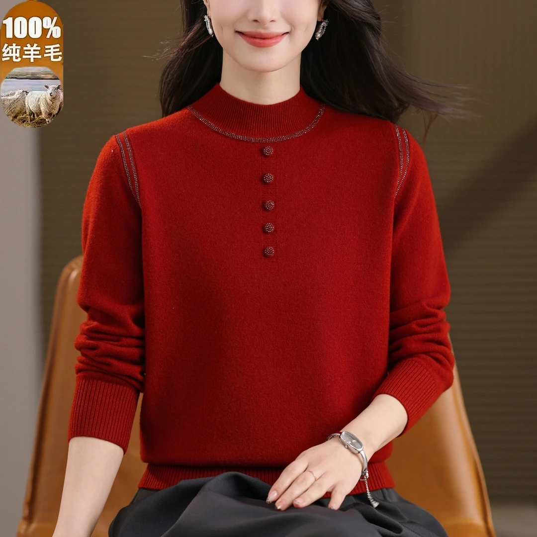 秋冬新款半高领100%纯羊毛时尚妈妈毛衣宽松大码女士大红色羊毛衫