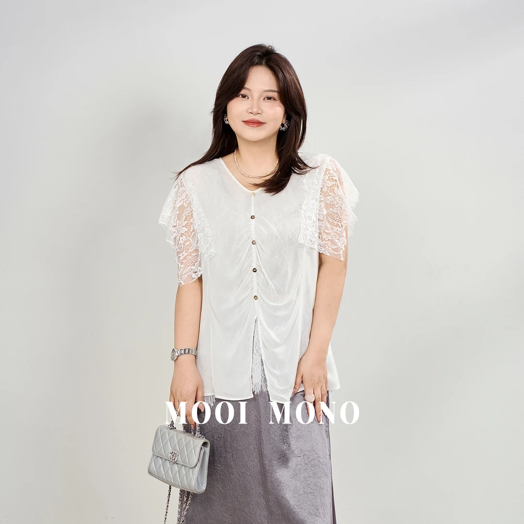 MOOI MONO"羽柔"显瘦气质百搭遮肉雪纺蕾丝V领短袖小衫 E862L52