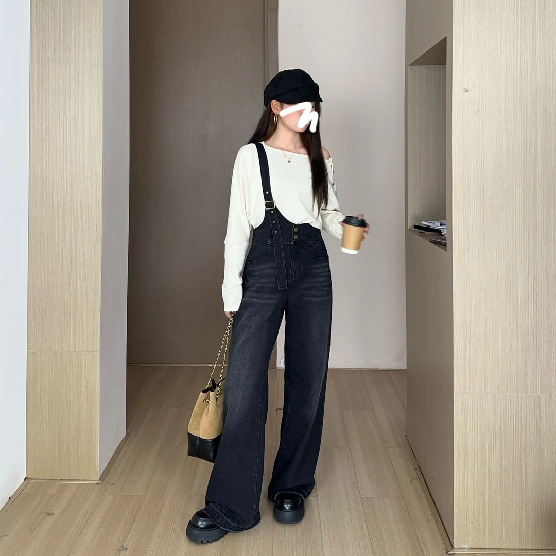 南岛风大码女装百搭长袖上衣胖mm梨形显瘦背带拖地牛仔裤ZZM231