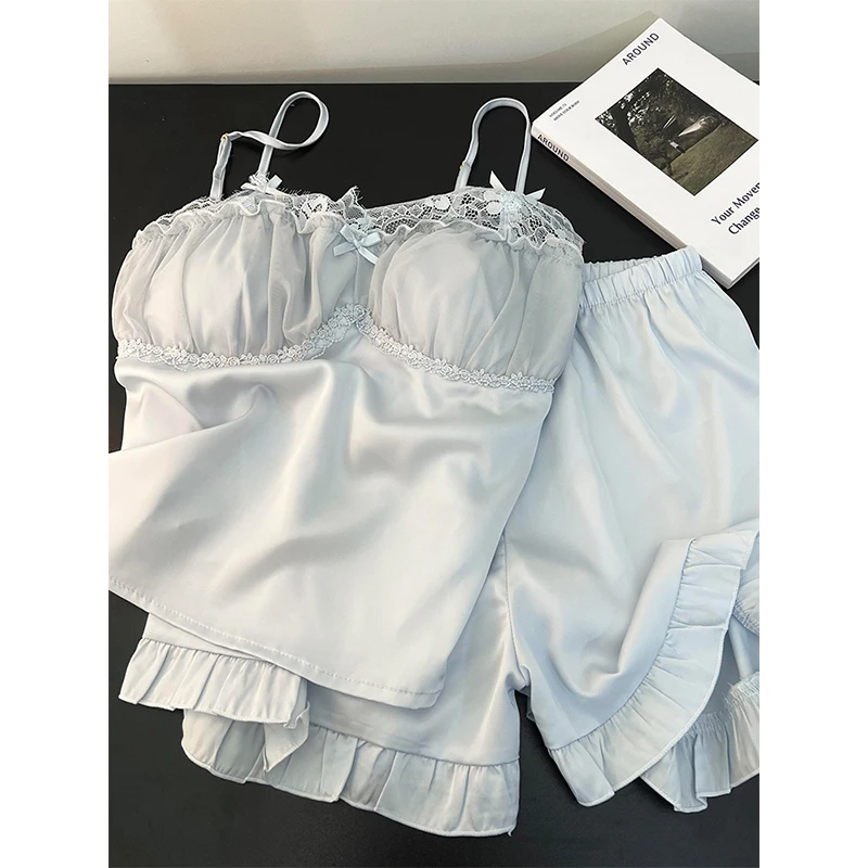 【镂空蕾丝边】法式甜美吊带睡衣女夏季新款拼接带胸垫家居服两件套