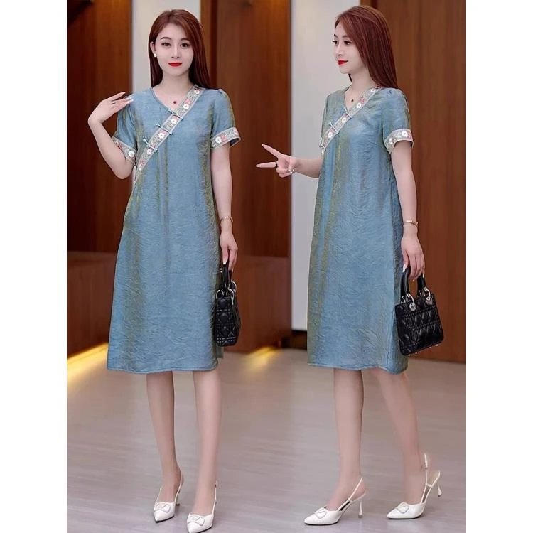 新中式国风V领短袖连衣裙女夏季新款时尚气质改良旗袍中长款裙子