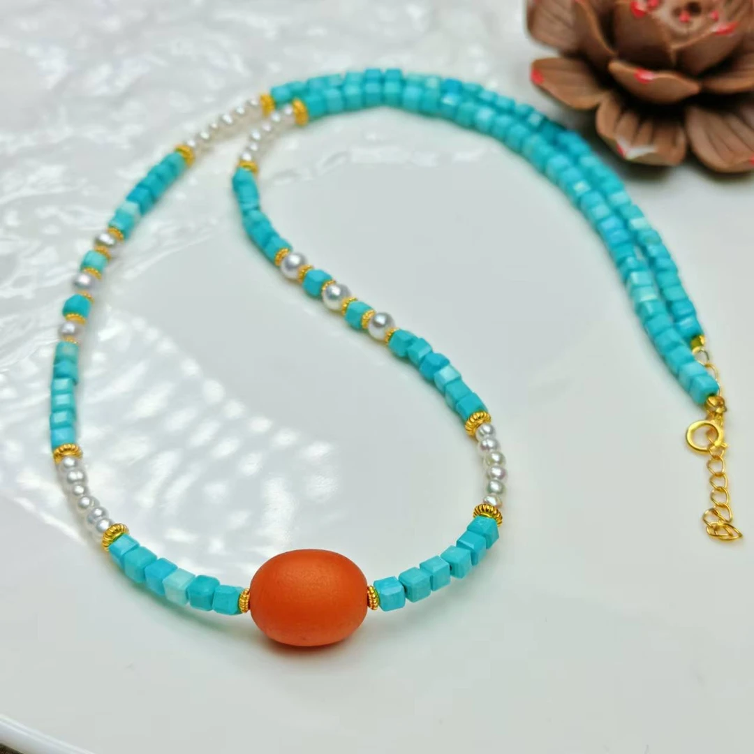 【珺笙珠宝】蜜蜡搭配松石方糖项链S1002105034