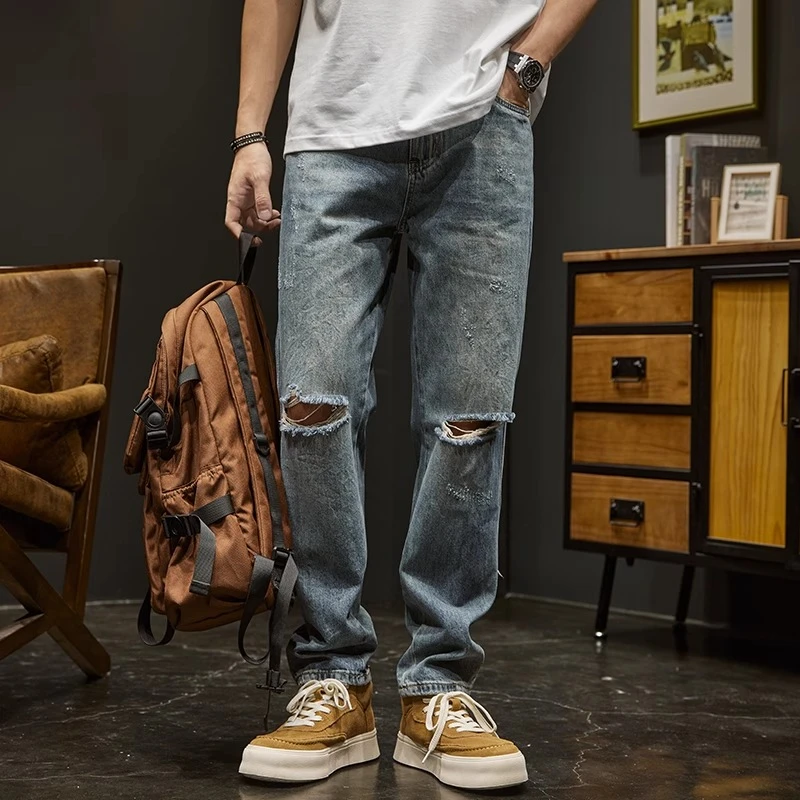 膝盖破洞牛仔裤男士直筒宽松潮牌复古轻奢痞帅男装休闲长裤子夏季