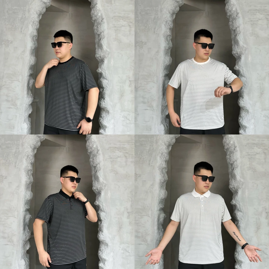 【POLO-圆领可选】胖语大码男装秋季高弹百搭条纹短袖 POLO 78998#S