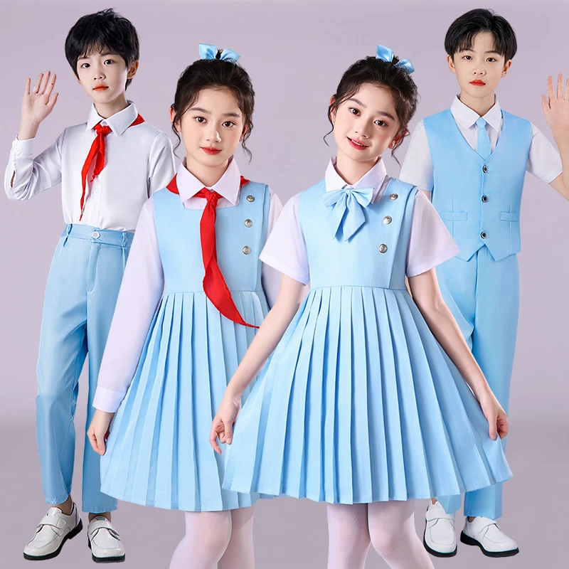 儿童合唱朗诵演出服女童中小学生国庆爱国诗歌蓝色演讲比赛礼服装