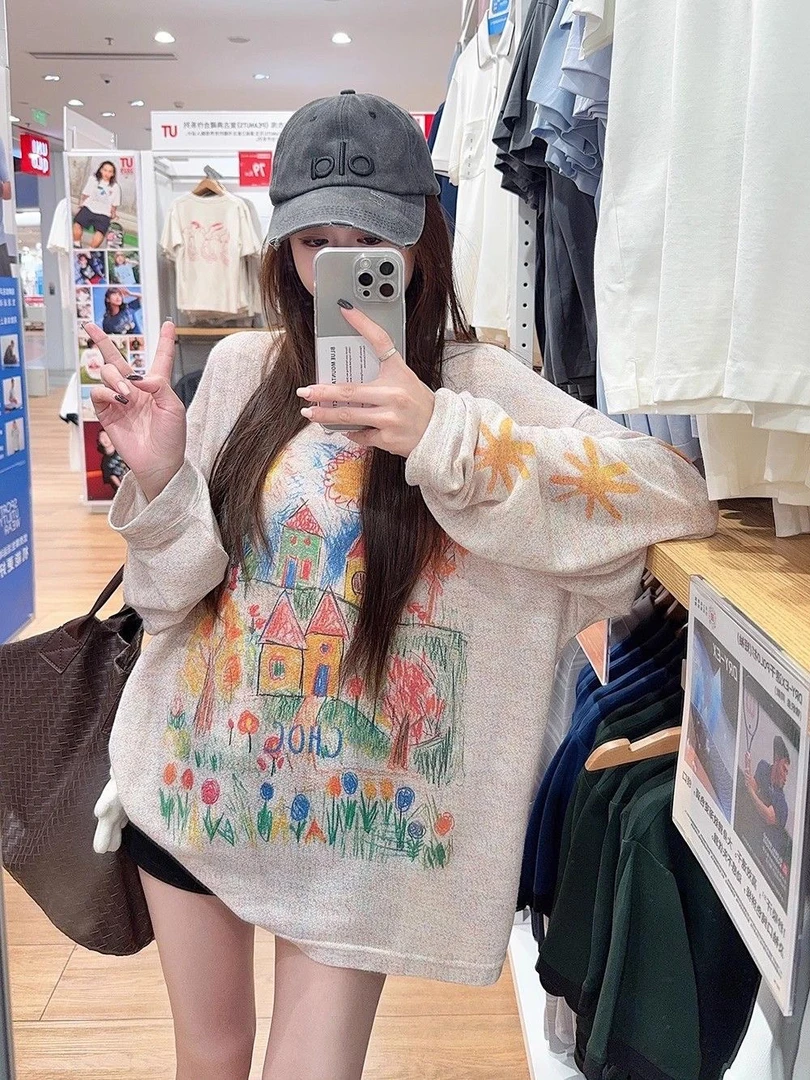 港味chic涂鸦印花长袖t恤女夏季新款小众设计感薄款防晒打底上衣