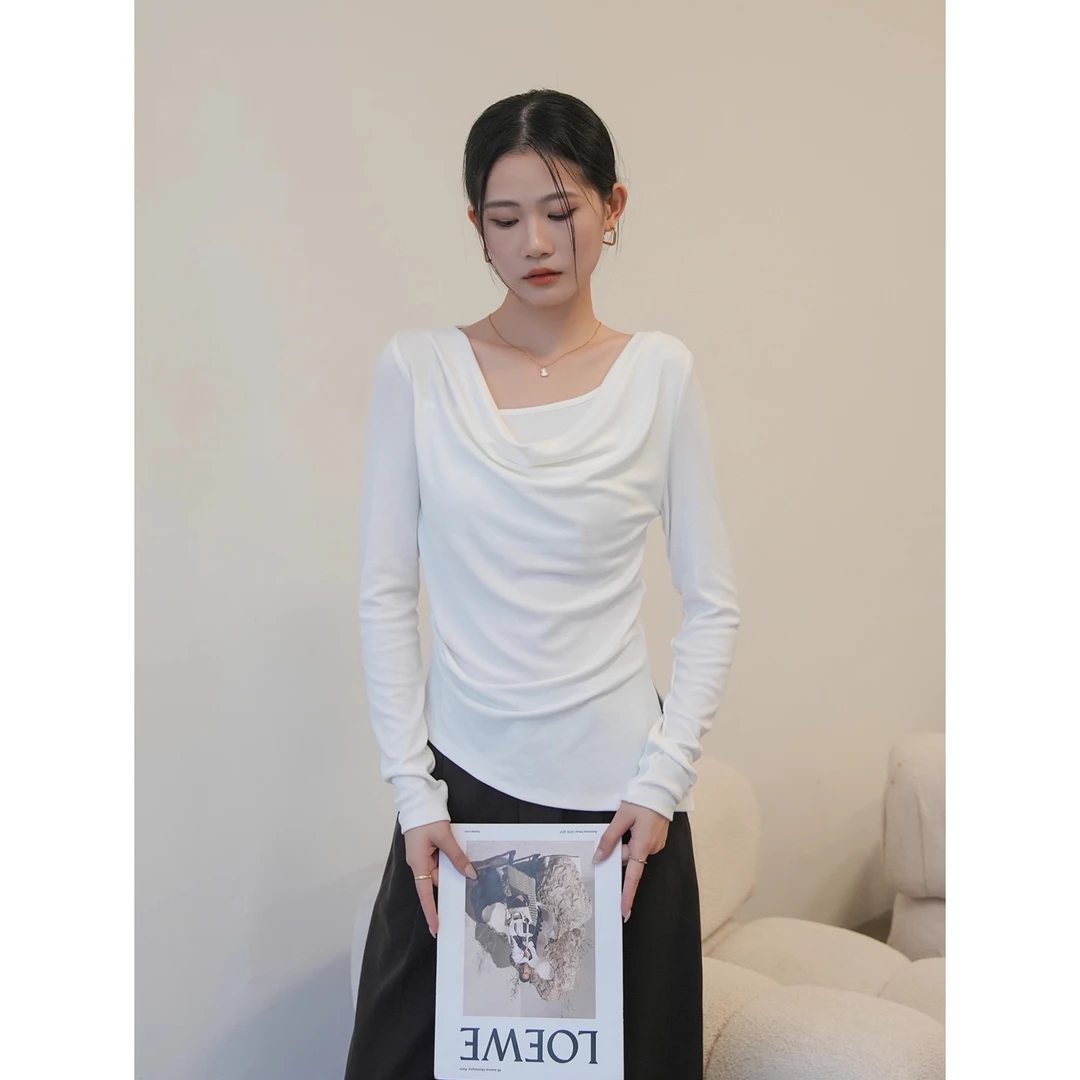 荡领白色打底衫女2025早秋新款设计感长袖t恤不规则开叉内搭上衣