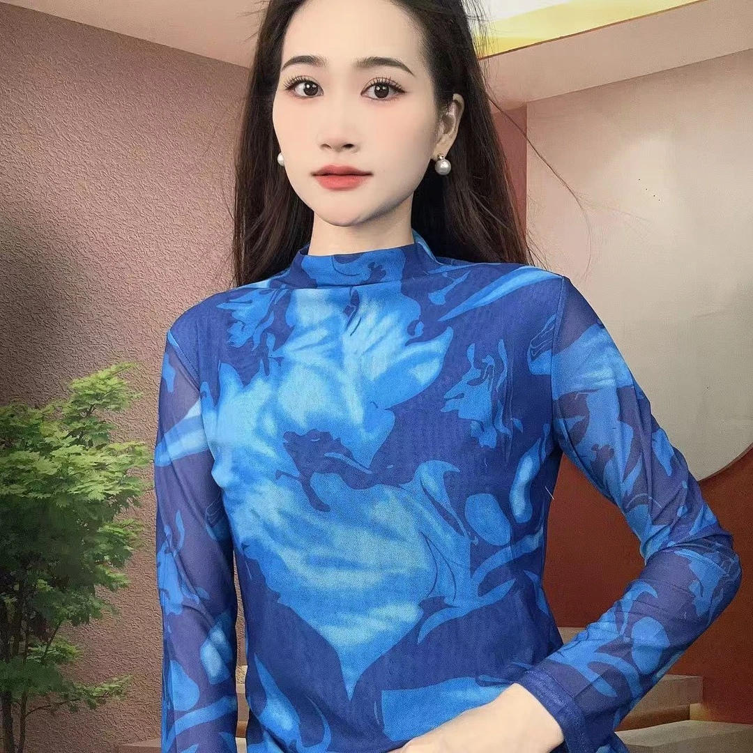 2025秋季新款长袖高领肌肤纱时尚显瘦印花T恤上衣B106