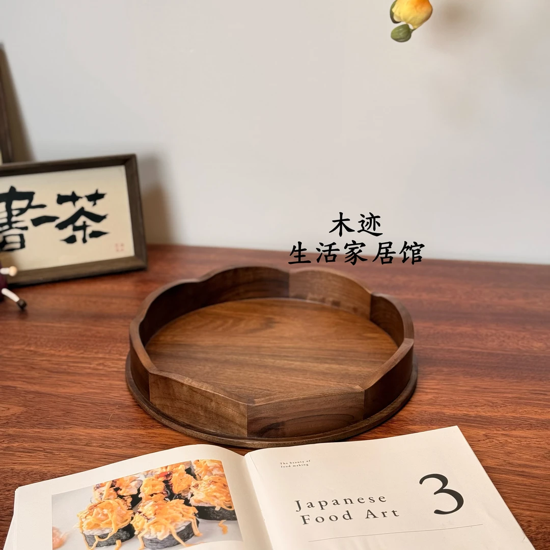 北美黑胡桃木八瓣圆形旋转收纳盘水果盘31*7.5cm
