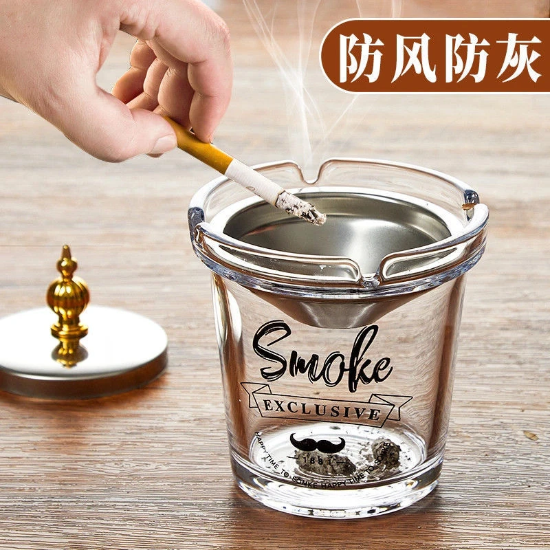 新款玻璃烟灰缸防飞灰创意家用客厅高级感办公室防风烟缸带盖宿舍