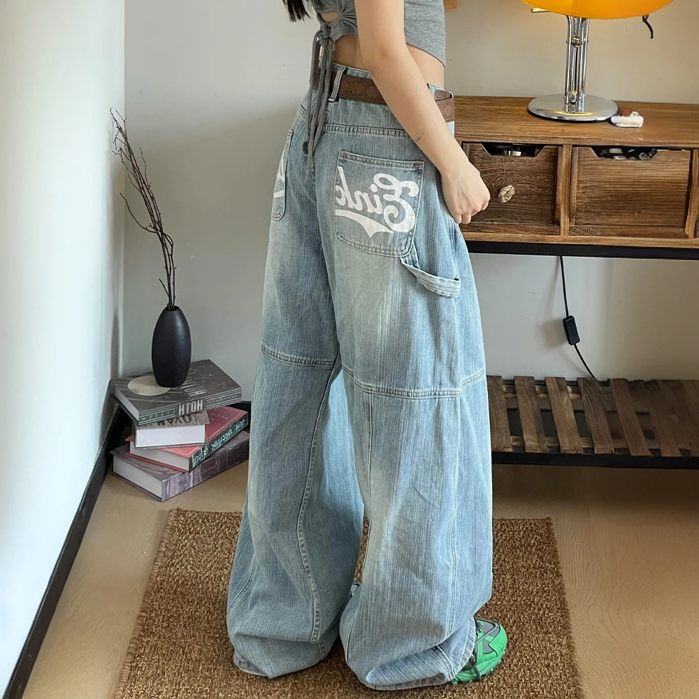 大码美式高街字母印花弯刀牛仔裤女春新款辣妹宽松bf慵懒风拖地裤