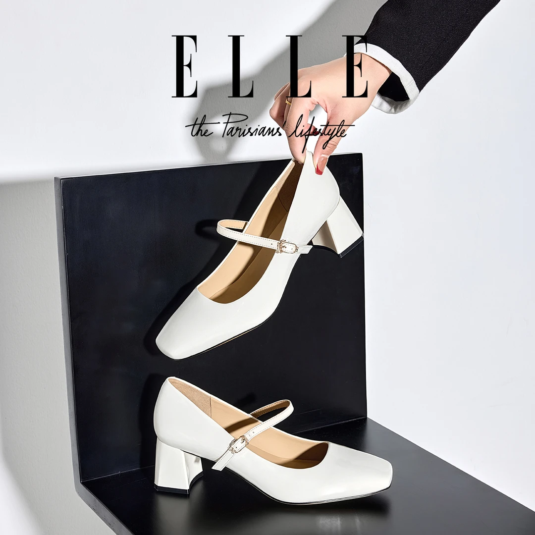 ELLE真皮法式浅口玛丽珍女鞋2025新款米白色单鞋久站不累脚高跟鞋