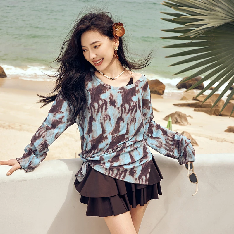 200斤长袖比基尼三件套裙式分体大码泳衣胖MM显瘦沙滩度假女