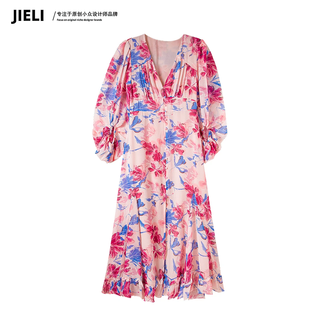 JIE LI/街力设计师高级感夏季中长款显瘦V领连衣裙女W1066