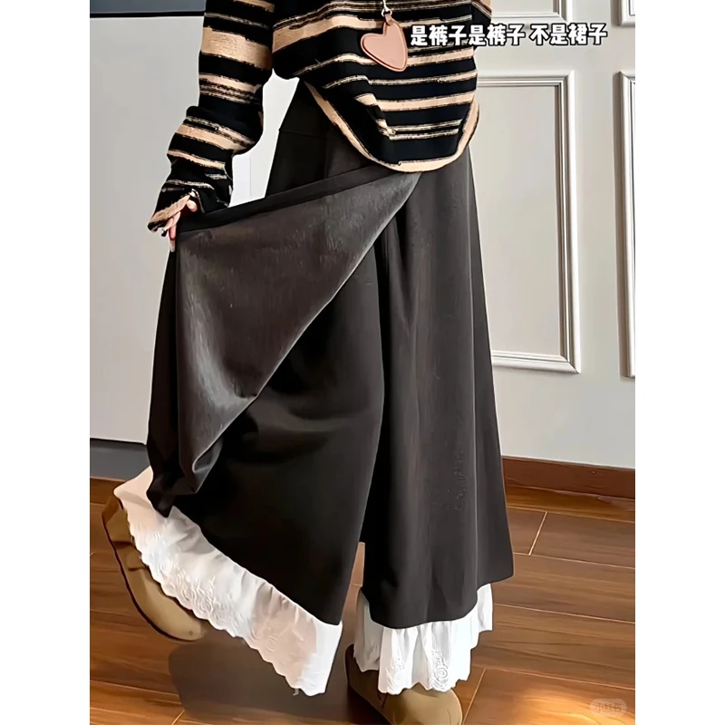黑灰色蕾丝拼接裙裤秋冬季女大码胖mm假两件屁帘a字长款阔腿裤裙