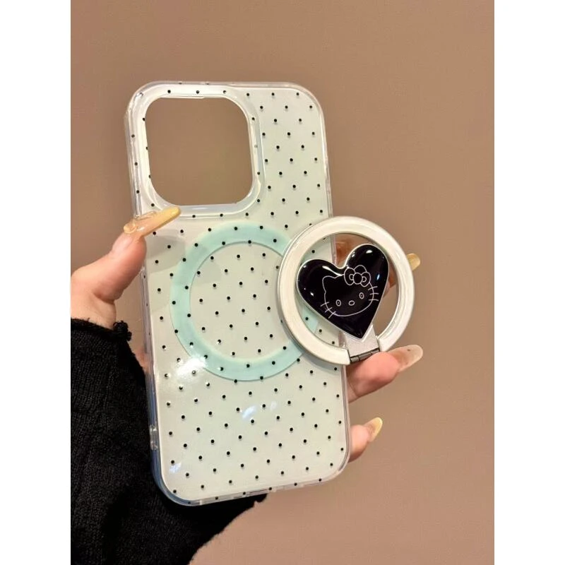 ins满屏黑波点爱心猫咪360°旋转磁吸iphone16promax手机壳苹果15p