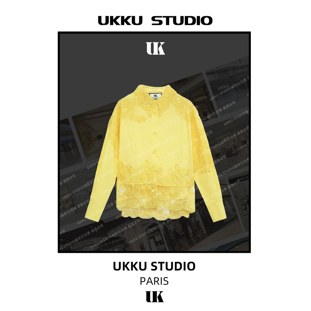 小文【UKKUSTUDIO】设计感早春新款国风翻领蕾丝花边上衣衬衫613614