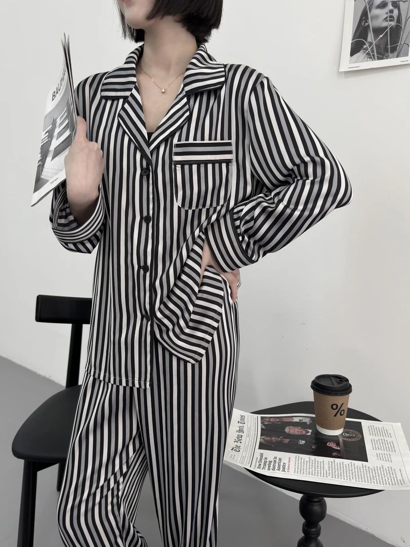 2025新款条纹长袖女新款睡衣套装春夏可外穿居家服·DN011-2