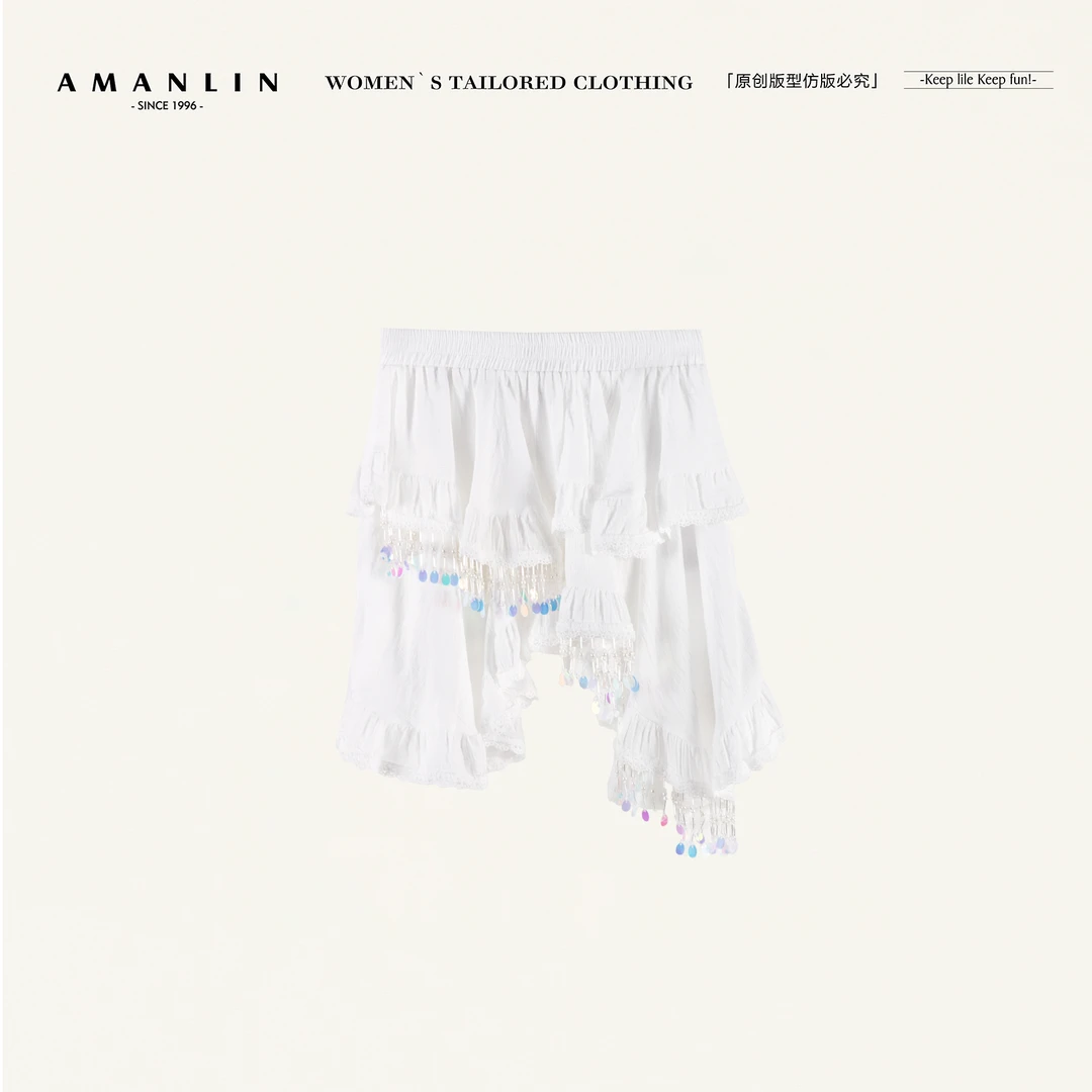 AMANLIN/阿谩琳欧若风白色不规则蛋糕高腰蕾丝花边半身裙D597007