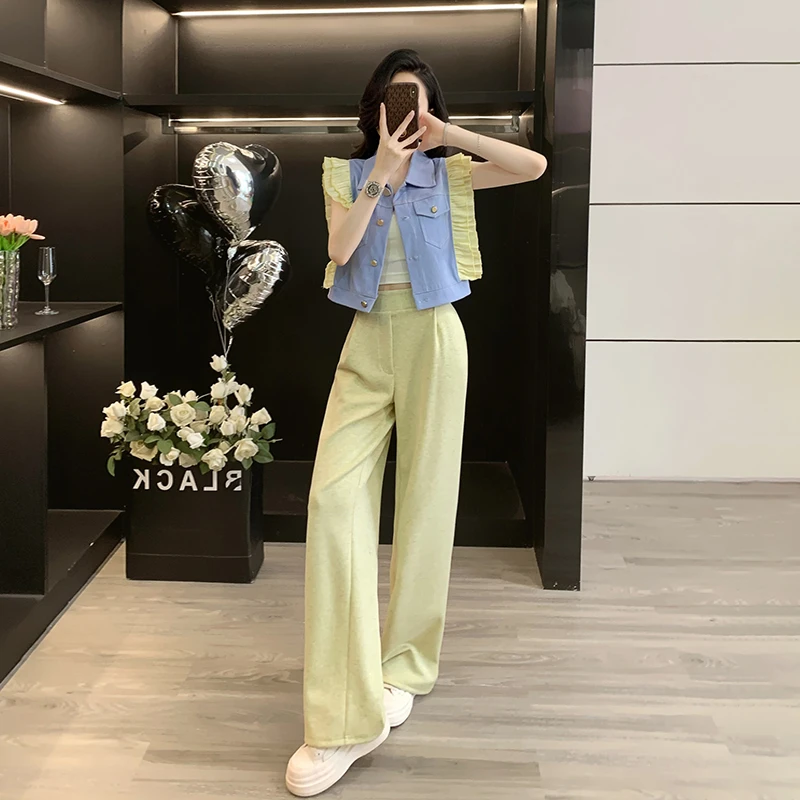 网红洋气炸街女装套装夏季时尚减龄休闲牛仔拼接马甲阔腿裤两件套