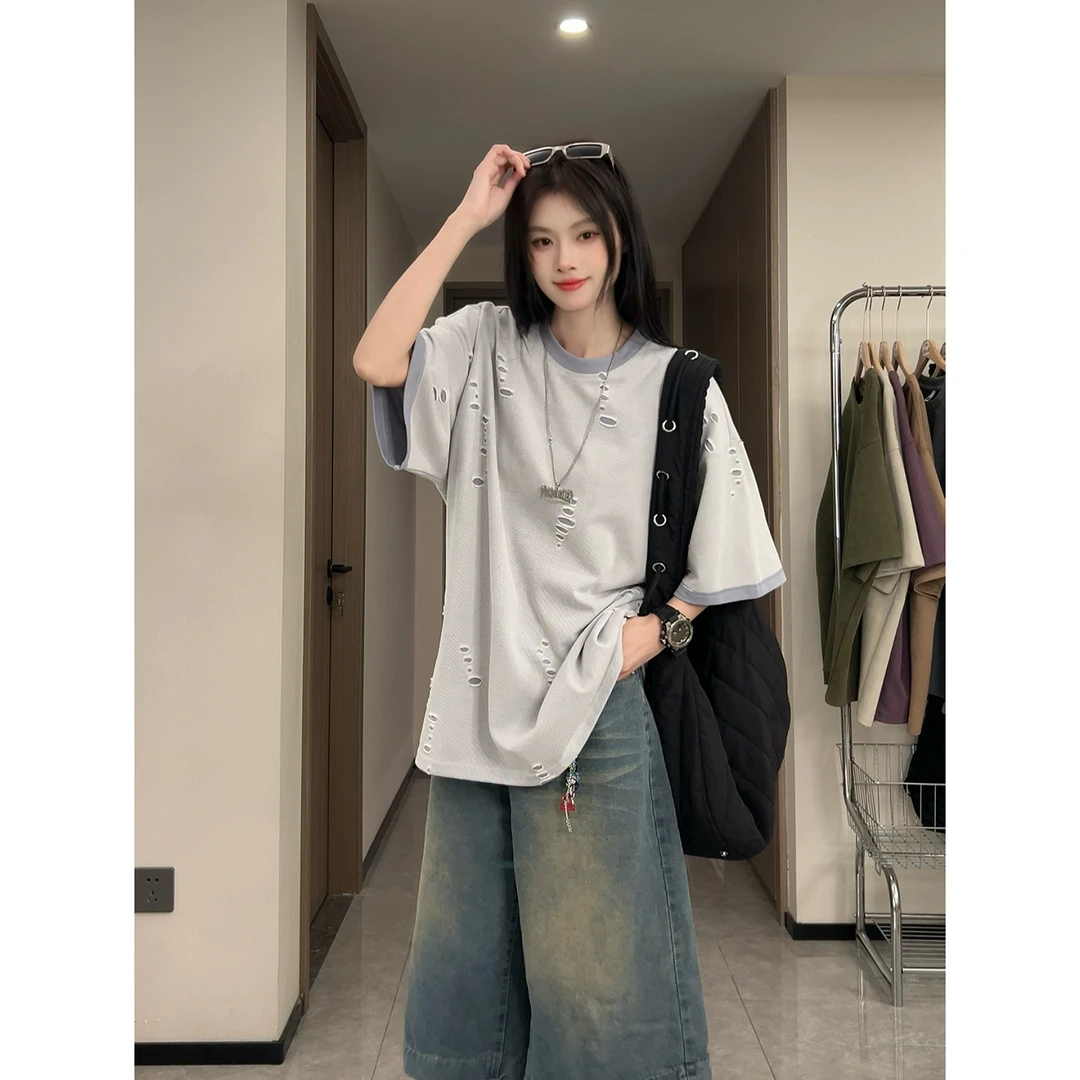 开口笑破洞冰丝短袖男款夏季美式300g重磅天丝棉三本针小领口t恤