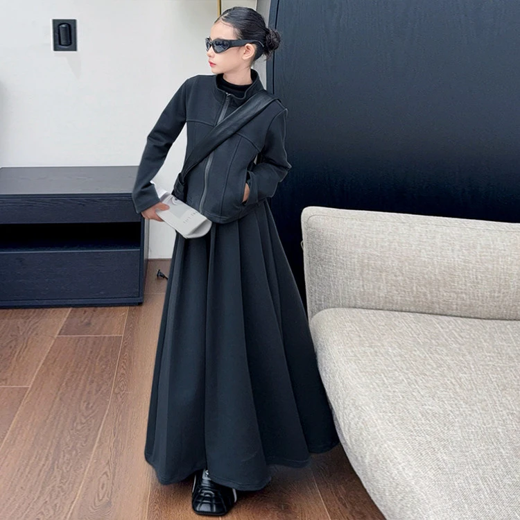 女童秋季套装2025新款韩系慵懒风穿搭洋气立领上衣半身长裙两件套