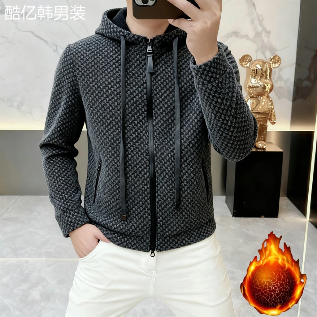 秋冬男士连帽外套加绒加厚休闲帅气时尚简约轻奢高端男装夹克F087