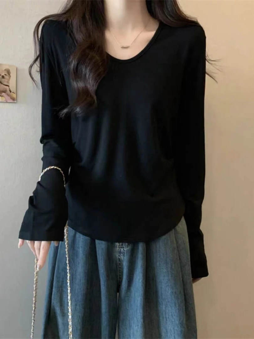 6666百搭V领常规圆领显瘦T恤长袖女士抽袖t恤纯色