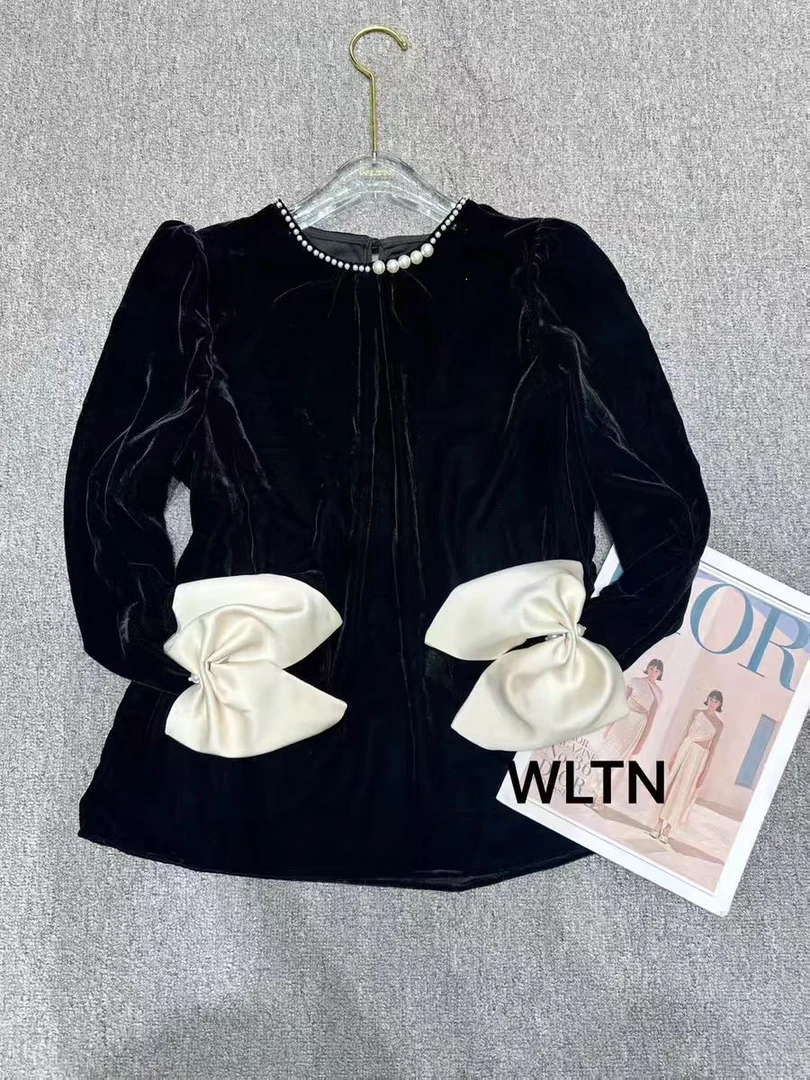 【苏苏精选】S23515新珍珠圆领蝴蝶结袖减龄百搭洋气上衣