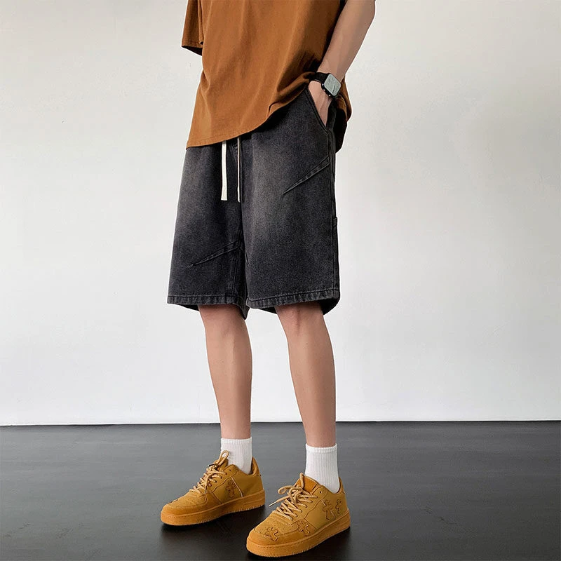 水洗牛仔短裤男夏季薄情侣潮牌美式复古阔腿中裤宽松直筒五分裤子
