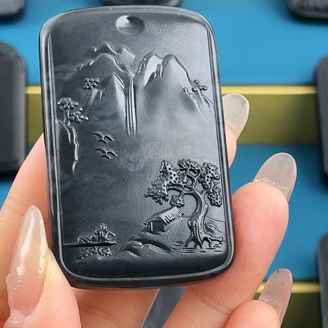 和田玉（墨玉）山水意境牌未镶嵌