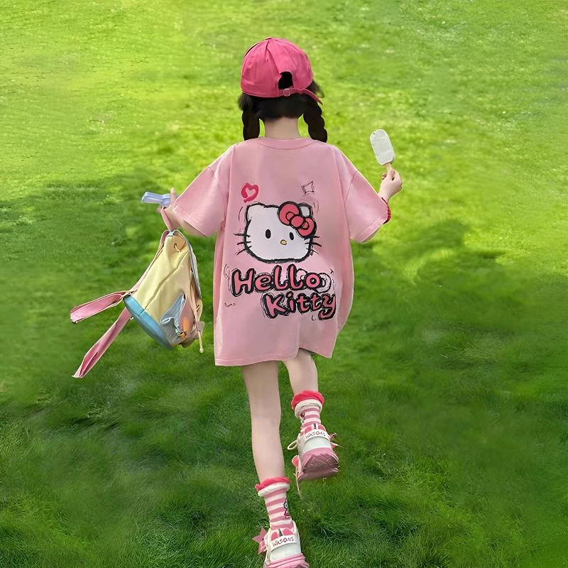 3-19岁中大童潮流短袖纯棉T恤2025年款女童洋气宽松中长款上衣夏