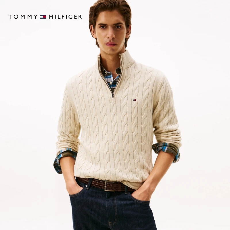 Tommy25秋冬新款男装纯棉休闲半拉链小高领绞花纯色针织衫05669