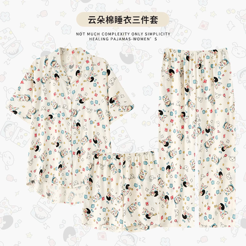 夏季肥家居服宽松薄款棉睡衣女生长裤大码短袖短裤三件套卡通套装