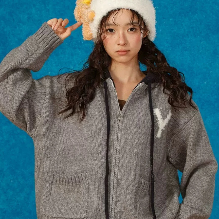 连帽字母拉链开衫女秋冬抽绳毛衣织线玩家