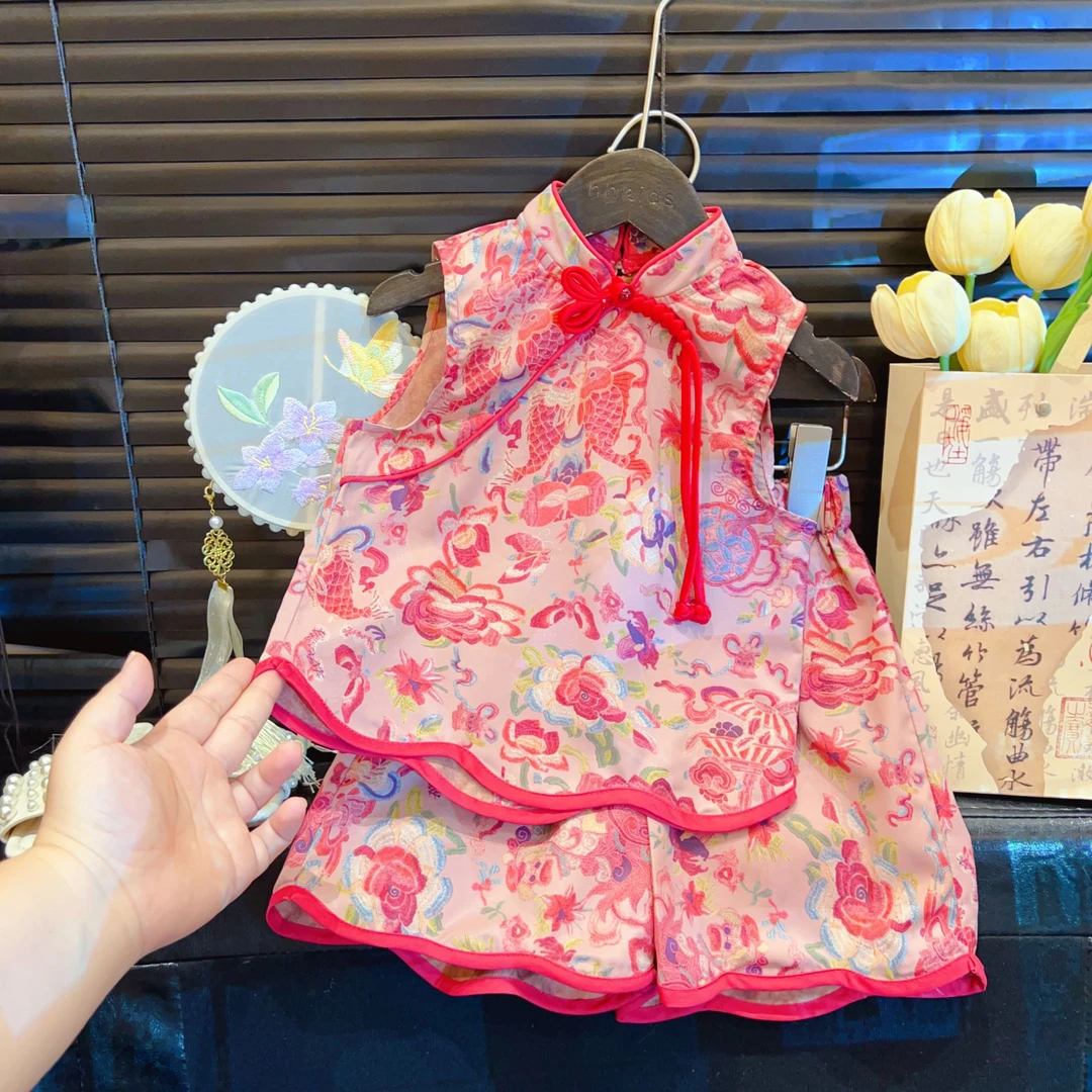 儿童中国风薄款碎花宽松女童套装夏季无袖洋气两件套女童古风套装