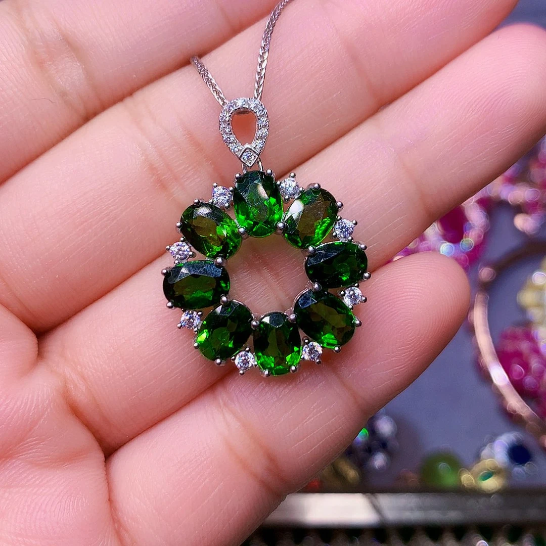 透辉石银S925镶嵌吊坠