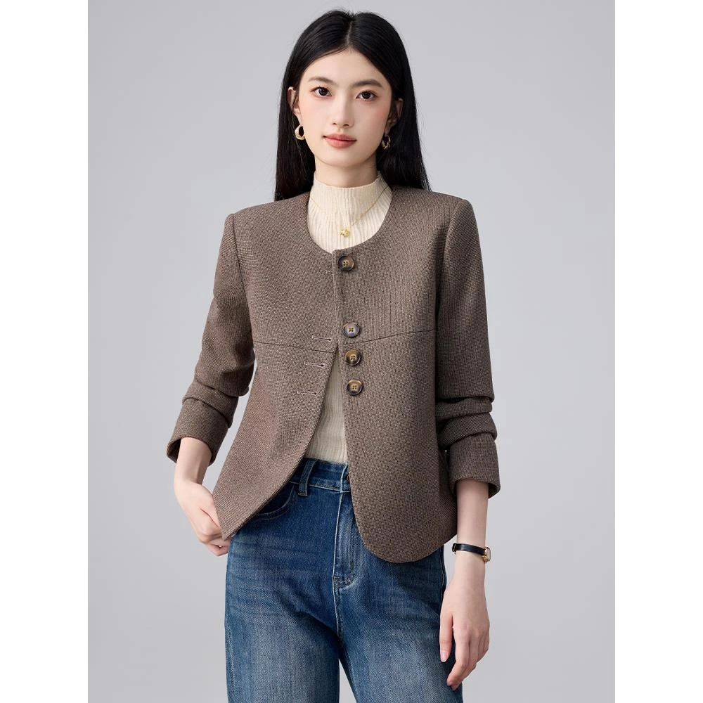 咖色毛呢小香风外套女高级感秋冬2026新款休闲气质小个子西服上衣