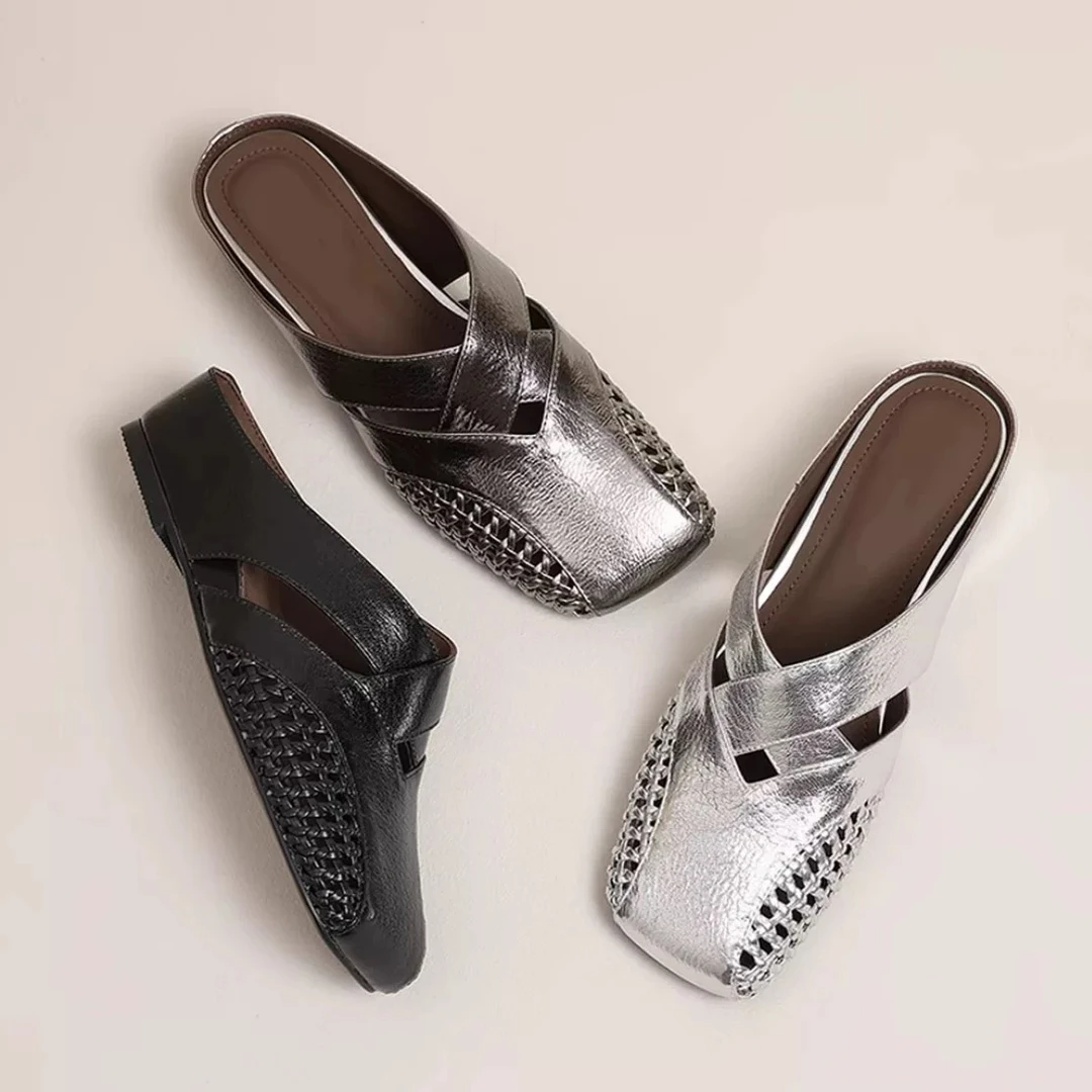 【有运费补贴】真皮简约包头半拖鞋女外穿时尚百搭编织镂空凉拖鞋