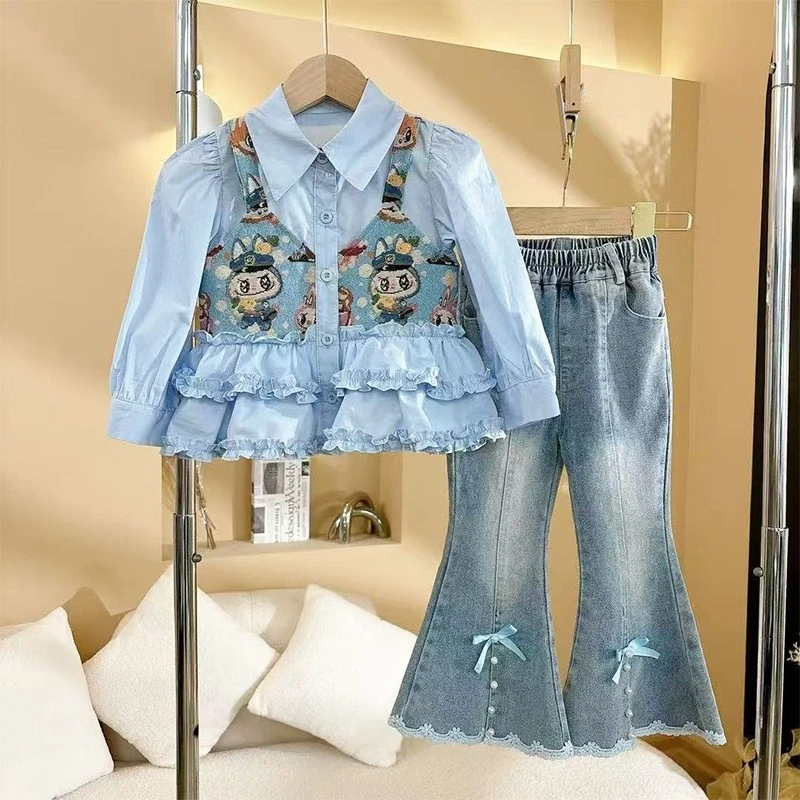 女童牛仔喇叭裤套装春秋2025新款儿童秋装女孩卡通衬衫两件套洋气