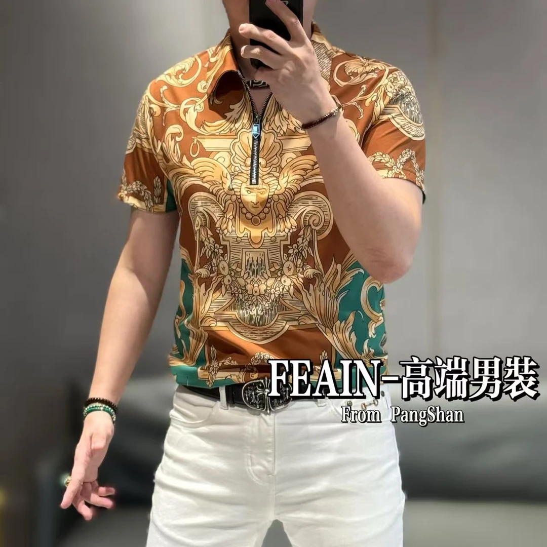 高端定制男士冰丝半拉链巴洛克复古宫廷风工艺印花短袖Polo9880