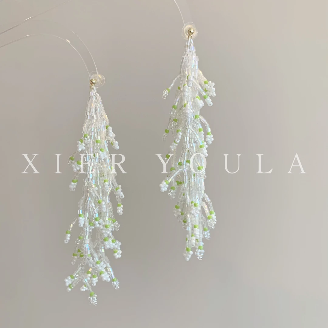 铜合金树脂耳饰 【喜儿ula】2-18-6仙气流苏串珠精致清新耳环