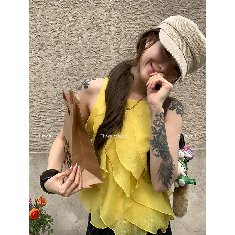 THREE GOOOD/三吉海棠春醉荷叶边背心衬衫女圆领上衣Y725E04326