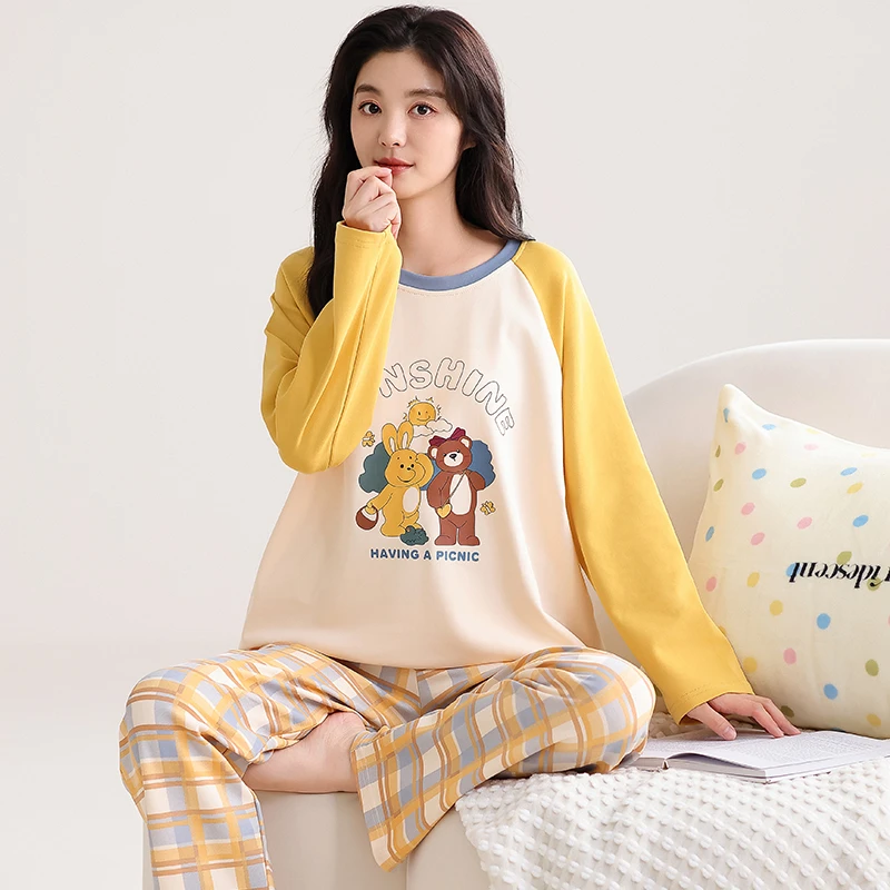 春秋新款长袖圆领套头黄色显白睡衣女外穿家居服套装