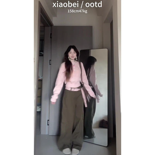 韩系新款亨利领蜜桃粉长袖针织衫女秋季百搭简约休闲上衣裤子套装