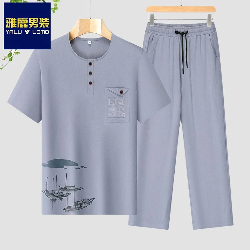 雅鹿男装夏季新款中老年人爸爸休闲运动套装父亲纯棉宽松速干套装