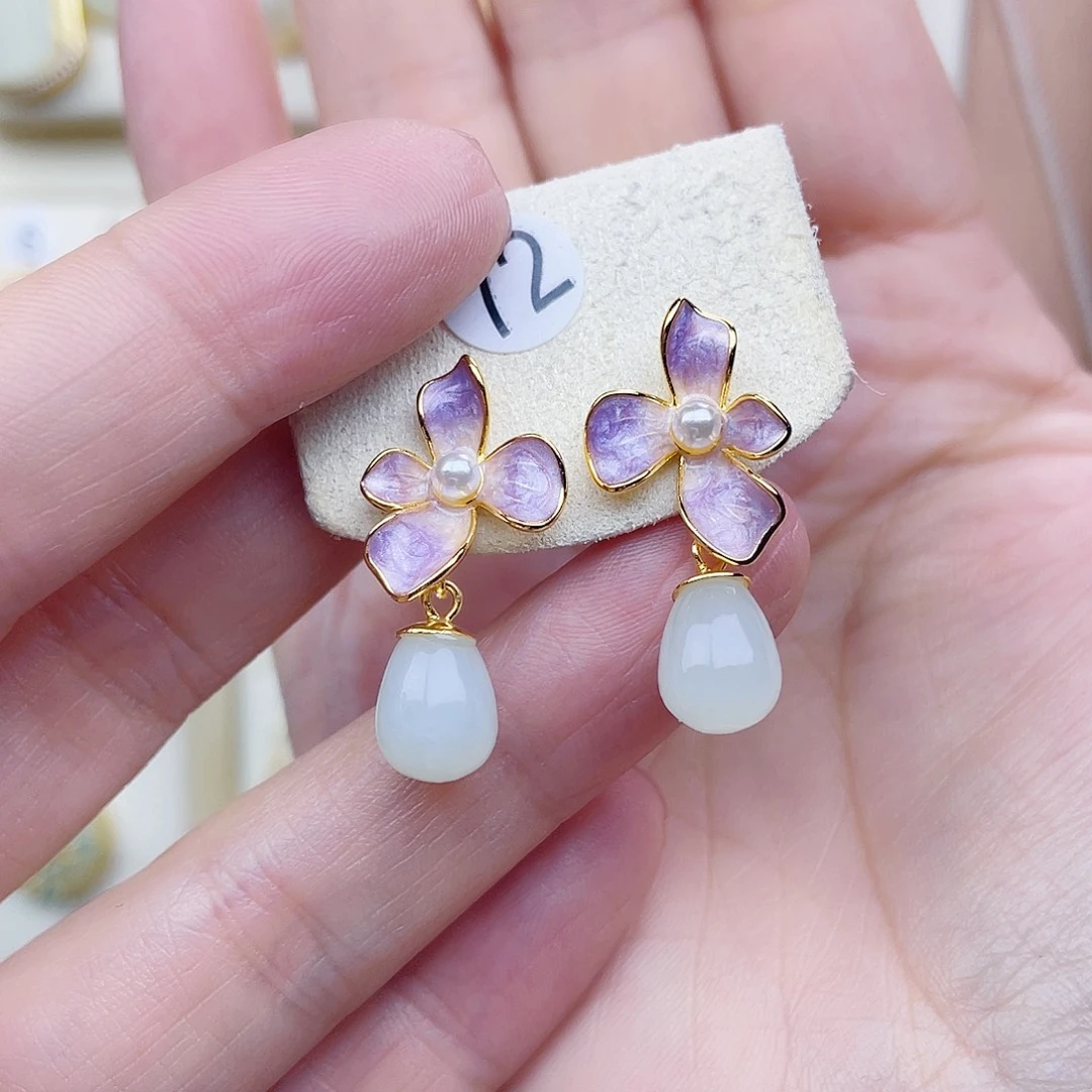 和田玉银S925镀金镶嵌耳饰