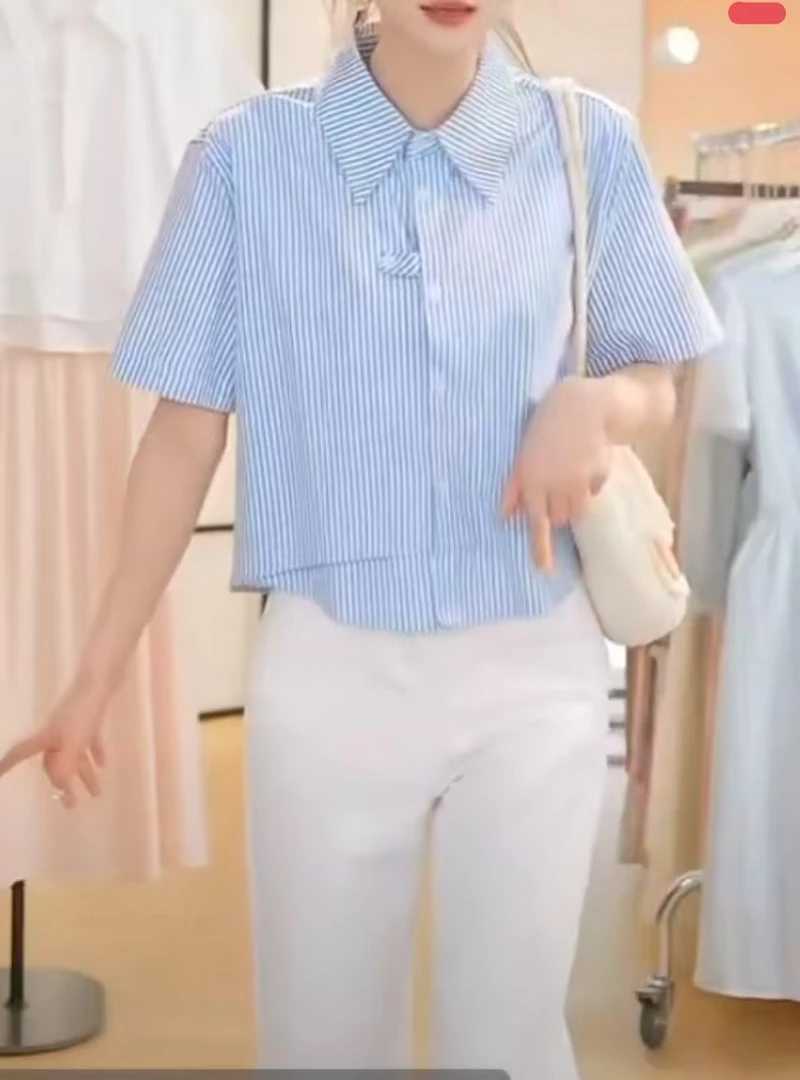 夏季新款洋气气质设计感假两件拼接衬衣短袖衬衫上衣蓝白条纹通勤